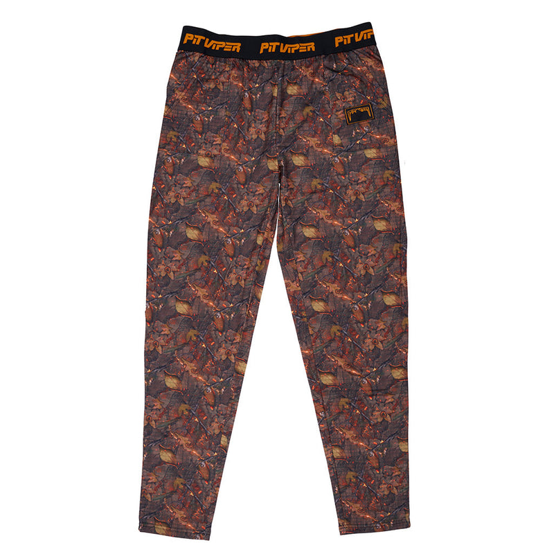 | full_frontal.JPG | A pair of camouflage pants with a brown, orange, and black woodland pattern, featuring a black waistband with 'PIT VIPER' printed in orange.