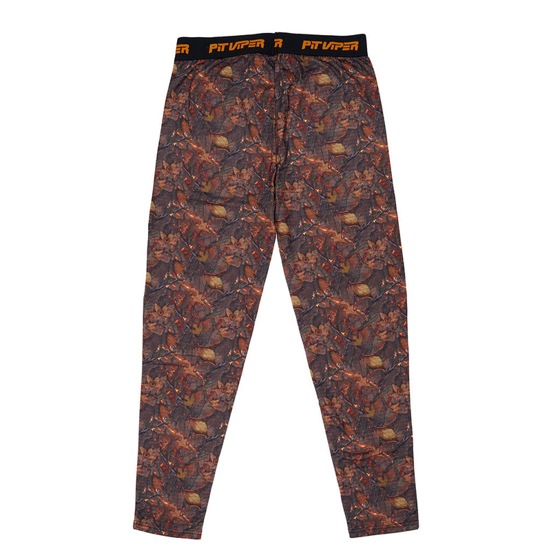 | back_view.JPG | A pair of camouflage pants with an allover brown, orange, and black woodland pattern, featuring a black waistband with the brand name 'PIT VIPER' printed in orange.