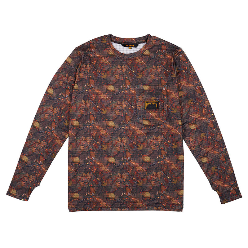 | full_frontal.JPG | A long-sleeve crewneck shirt with an all-over camouflage pattern in brown, orange, and dark gray tones, featuring a chest pocket with a small brand patch.