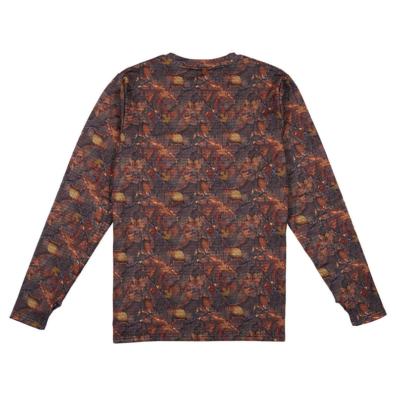 | back_view.JPG | A long-sleeve crewneck shirt with an all-over camouflage pattern in earthy tones of brown, rust orange, and dark gray, shown flat against a solid white background.