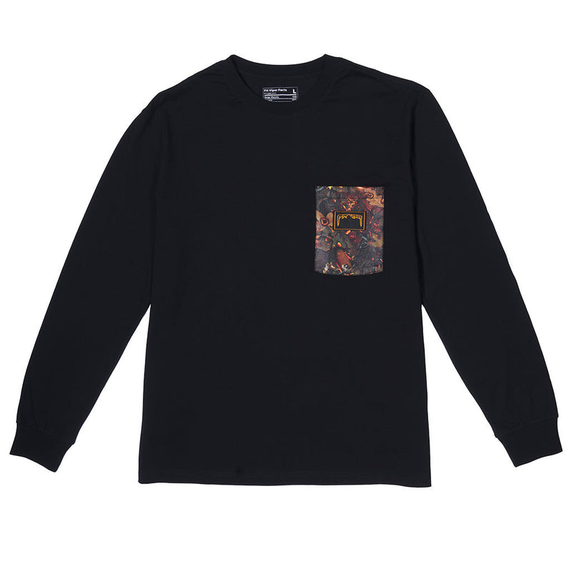 | full_frontal.JPG | A black long-sleeve crewneck shirt with a graphic pocket on the left chest, featuring a colorful abstract pattern in orange, yellow, and blue, displayed on a clean white background.