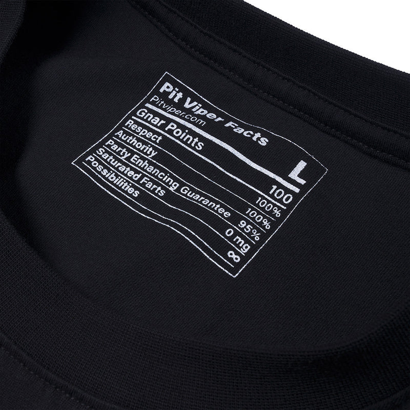 | facts.JPG | Close-up of a black t-shirt collar showing a white printed 'Pit Viper Facts' nutrition-style label with text and a size 'L'.
