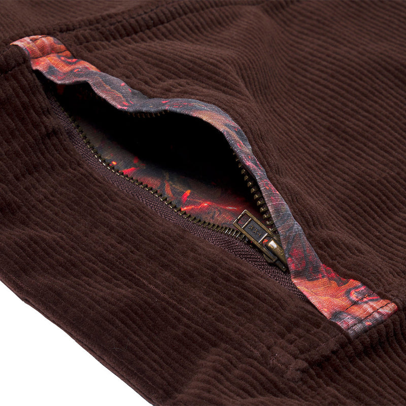 | it_a_pocket.JPG | Close-up of a brown corduroy garment with a zipper opening, showing a patterned interior lining in red, orange, and dark tones.