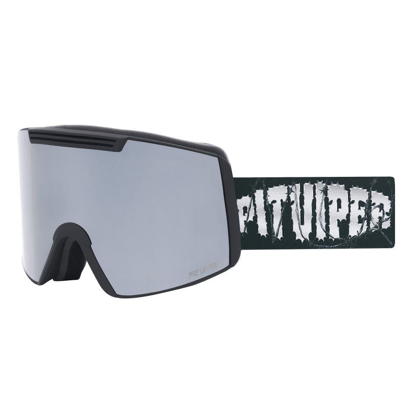 | side_view.JPG | An all black goggle with a silver lens and a pit viper logo on the strap against a white background 
