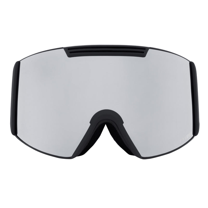 | full_frontal.JPG | A pair of snow goggles with a large mirrored silver lens and a matte black frame, shown against a plain white background.