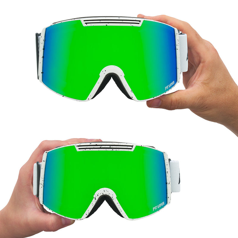 Blue-Green / Small | two_sizes.JPG | Green goggles held by two hands against a white background