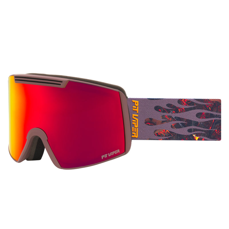/ Red | side_view.JPG | Pit Viper snow goggles with a red-to-yellow mirrored lens, a dark gray frame, and a patterned strap featuring orange and black flame-like designs.
