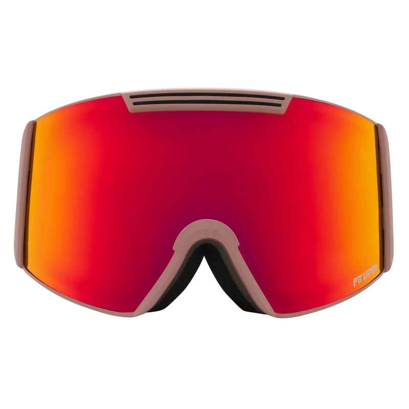 / Red | full_frontal.JPG | A pair of ski goggles with a large shield-shaped lens that has a red-to-orange mirrored gradient. The frame is a matte taupe-brown color, and the brand name 'Pit Viper' is printed in orange on the bottom right corner of the lens.