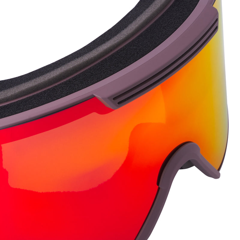 / Red | im_ready_for_my_closeup.JPG | Close-up of ski goggles showing a red-to-orange mirrored lens, dark gray frame, and black foam inner lining on a white background.