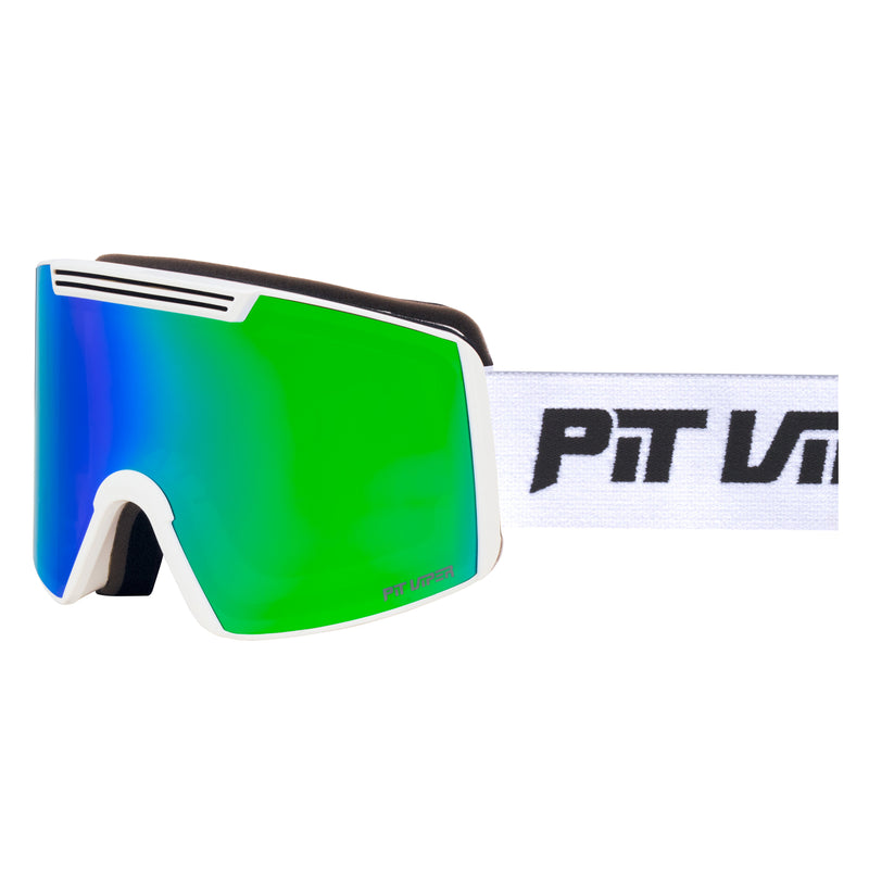 Blue-Green / Small | side_view.JPG | White ski goggles with a green-to-blue mirrored lens and a white strap featuring black 'PIT VIPER' branding.