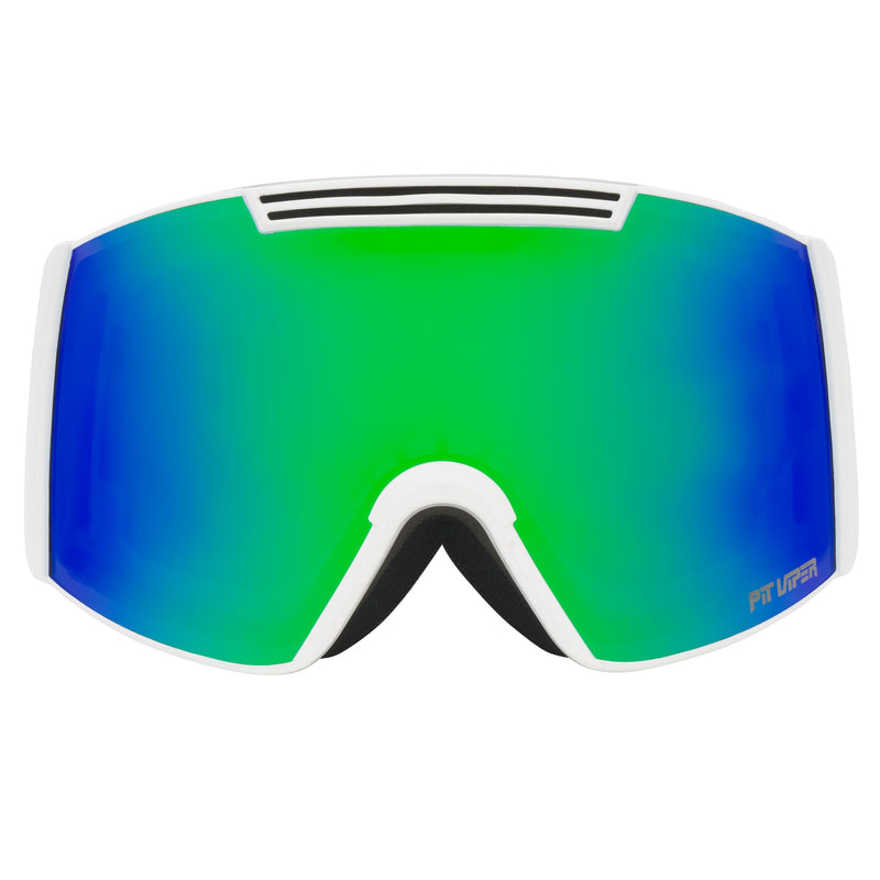 Blue-Green / Small | full_frontal.JPG | White ski goggles with a large shield-shaped lens featuring a vibrant green-to-blue gradient mirror finish. The brand name 'PIT VIPER' is printed in white on the bottom right corner of the lens.