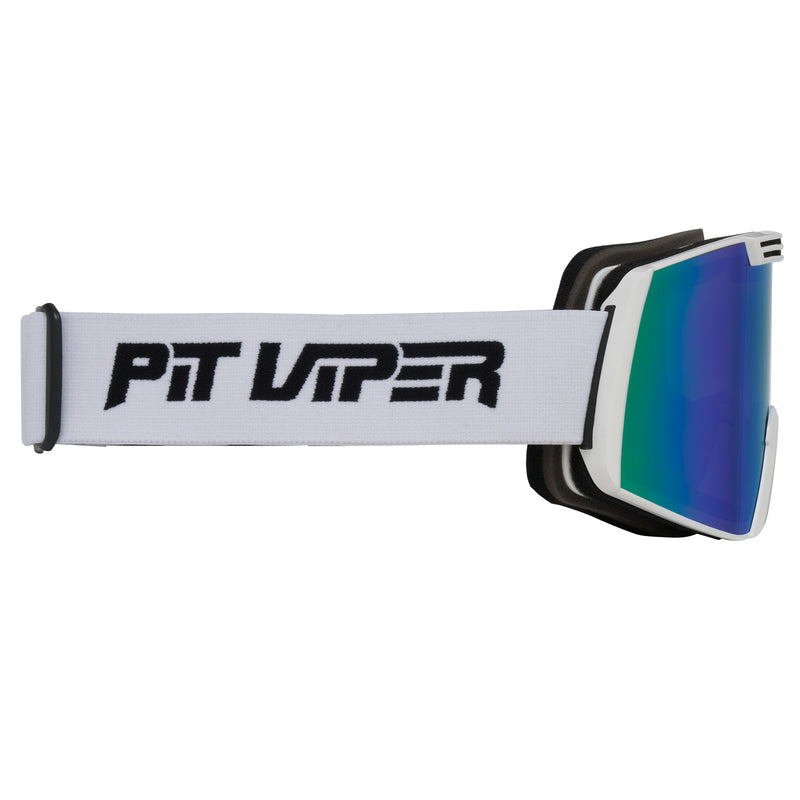 Blue-Green / Small | even_more_side_view.JPG | Goggles with a white strap featuring the black 'PIT VIPER' logo, a black and white frame, and an iridescent blue-to-green mirrored lens.
