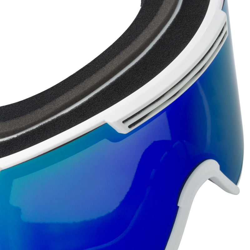 Blue-Green / Small | im_ready_for_my_closeup.JPG | Close-up of ski goggles showing a blue mirrored lens, white frame, black foam padding, and ventilation slots on a white background.
