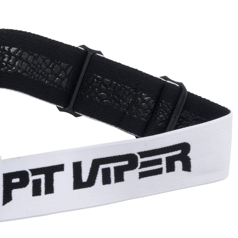Blue-Green / Small | it_a_strap.JPG | Close-up of a black and white headband with a textured black strap and a white underband featuring the bold black logo 'PIT VIPER'.