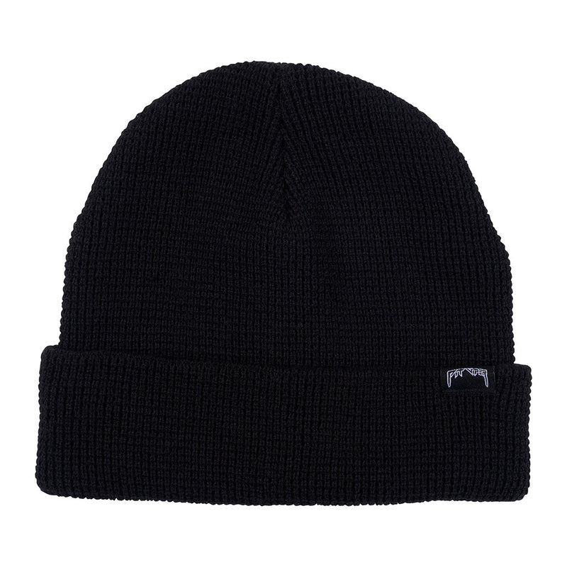 | full_frontal.JPG | A black ribbed knit beanie hat with a folded cuff, featuring a small white embroidered mountain logo on the side, shown against a plain white background.