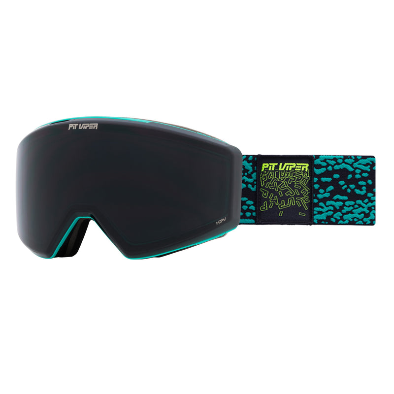 HDPV Smoke | side_view.JPG | Pit Viper snow goggles with a dark gray/black lens, teal trim, and a patterned strap featuring green and teal graphics.