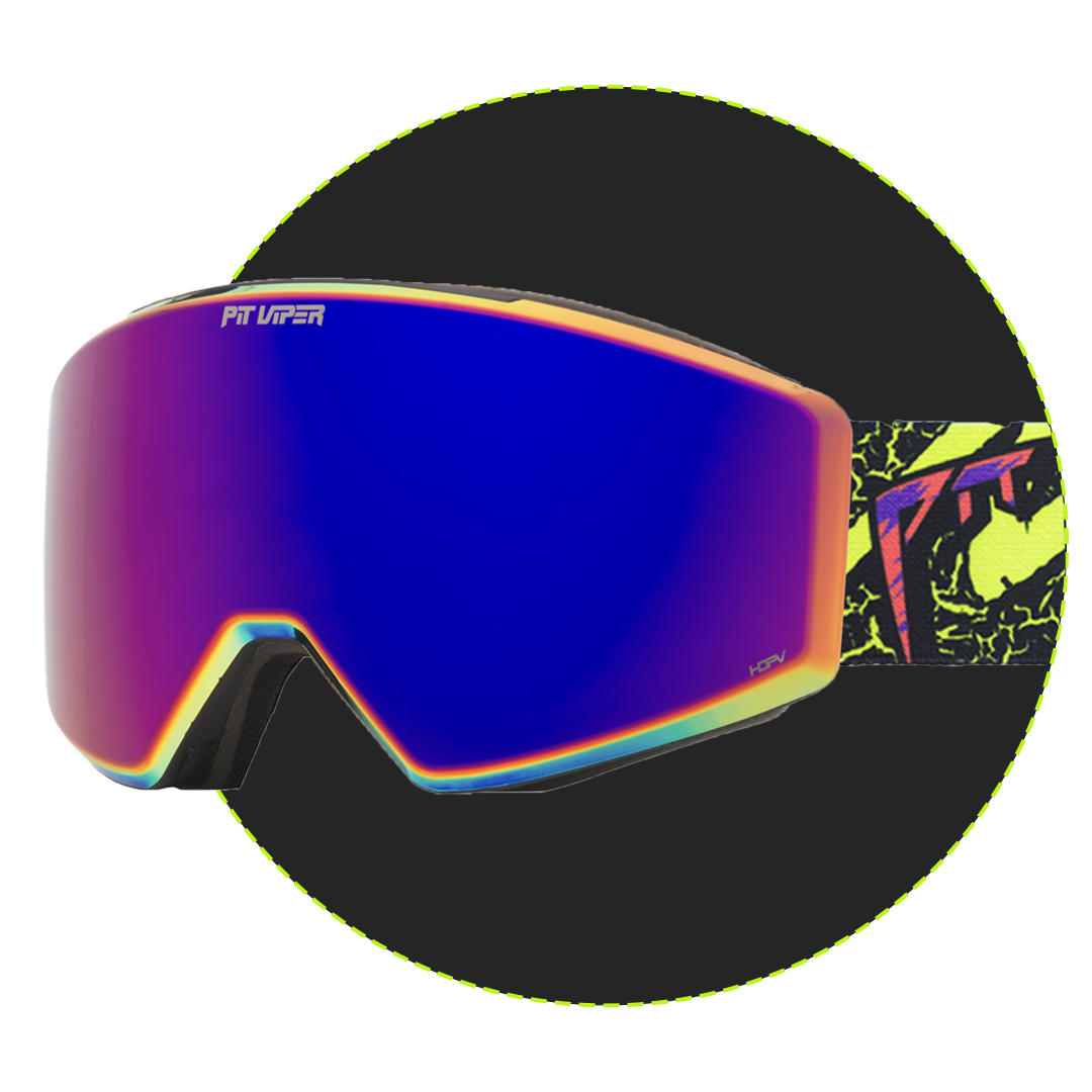 Ski goggles with a large mirrored blue-to-purple lens, black frame, and a bright neon yellow patterned strap, shown on a black background with a subtle green outline.
