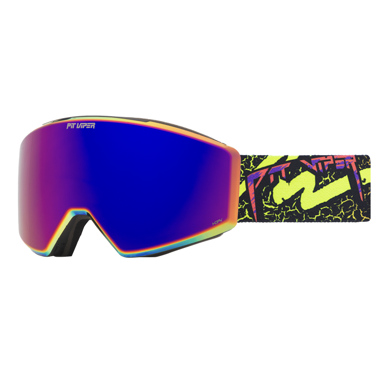 Pit Viper ski goggles with a vibrant blue-to-purple mirrored lens, a rainbow-colored rim, and a black strap featuring a neon yellow and pink graffiti pattern.