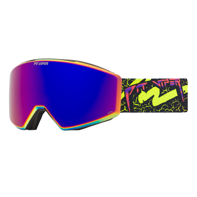 / HDPV Pink-Purple | side_view.JPG | Pit Viper ski goggles with a vibrant blue-to-purple mirrored lens, a rainbow-colored rim, and a black strap featuring a neon yellow and pink graffiti pattern.