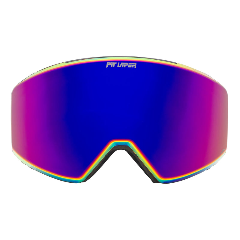 / HDPV Pink-Purple | full_frontal.JPG | Ski goggles with a large curved shield lens featuring a vibrant blue-to-purple iridescent gradient, with a thin rainbow-colored rim and the brand name 'PIT VIPER' printed in white at the top center.