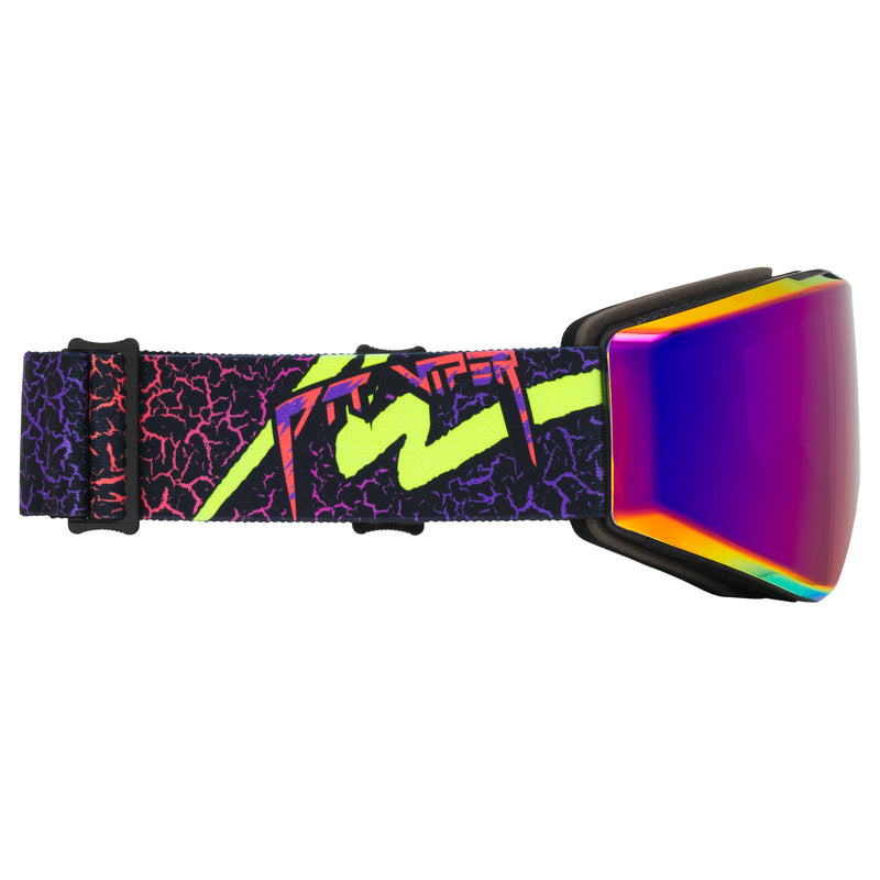 / HDPV Pink-Purple | even_more_side_view.JPG | Goggles with a vibrant multicolor patterned strap and an iridescent rainbow-tinted lens, shown against a plain white background.