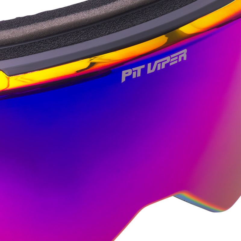/ HDPV Pink-Purple | im_ready_for_my_closeup.JPG | Close-up of a ski or snowboard goggles lens showing a vibrant purple, pink, and blue iridescent gradient with a yellow-orange highlight line and the white 'PIT VIPER' logo on the side.