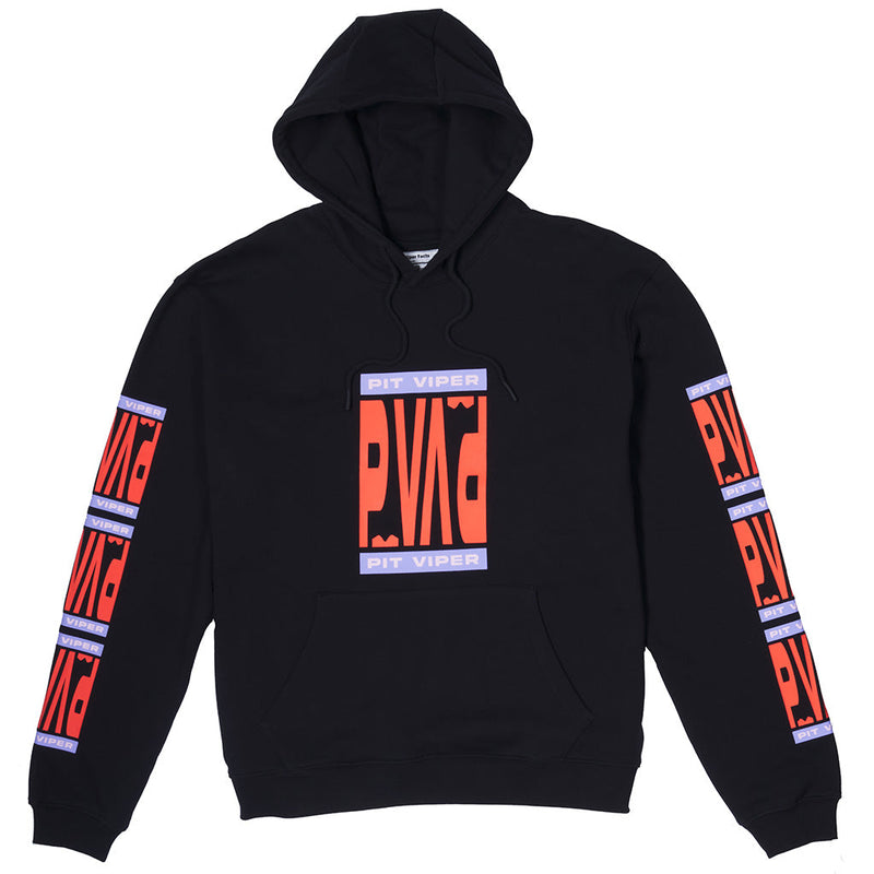 | full_frontal.JPG | A black pullover hoodie with a large orange and purple graphic on the chest and matching sleeve graphics, displayed against a solid white background.