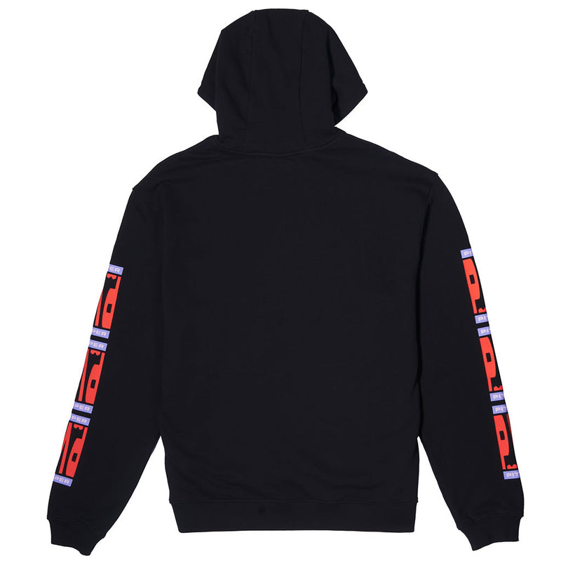 | it_the_back.JPG | Black hooded sweatshirt shown from the back, featuring orange and purple geometric graphic patterns printed down both sleeves.