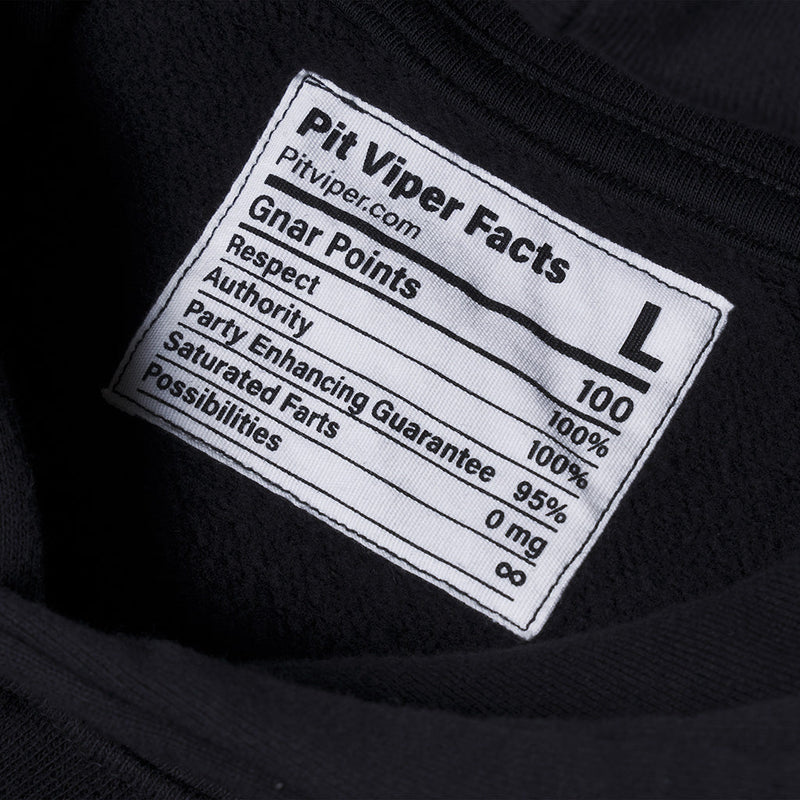 | size_tag.JPG | Close-up of a white rectangular fabric label sewn onto a black garment. The label reads 'Pit Viper Facts' with 'Pitviper.