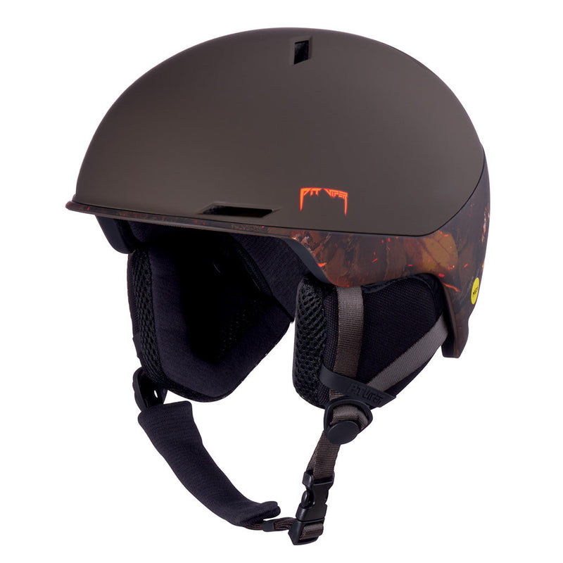  | side_view.JPG | A matte black ski helmet with a small orange mountain logo on the side and a subtle orange graphic pattern on the rear, shown against a solid white background.