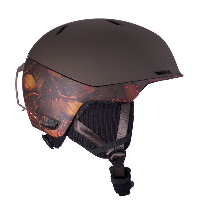  | even_more_side_view.JPG | A matte dark brown ski helmet with a fiery orange and red flame-patterned visor and black chin strap, shown on a solid white background.