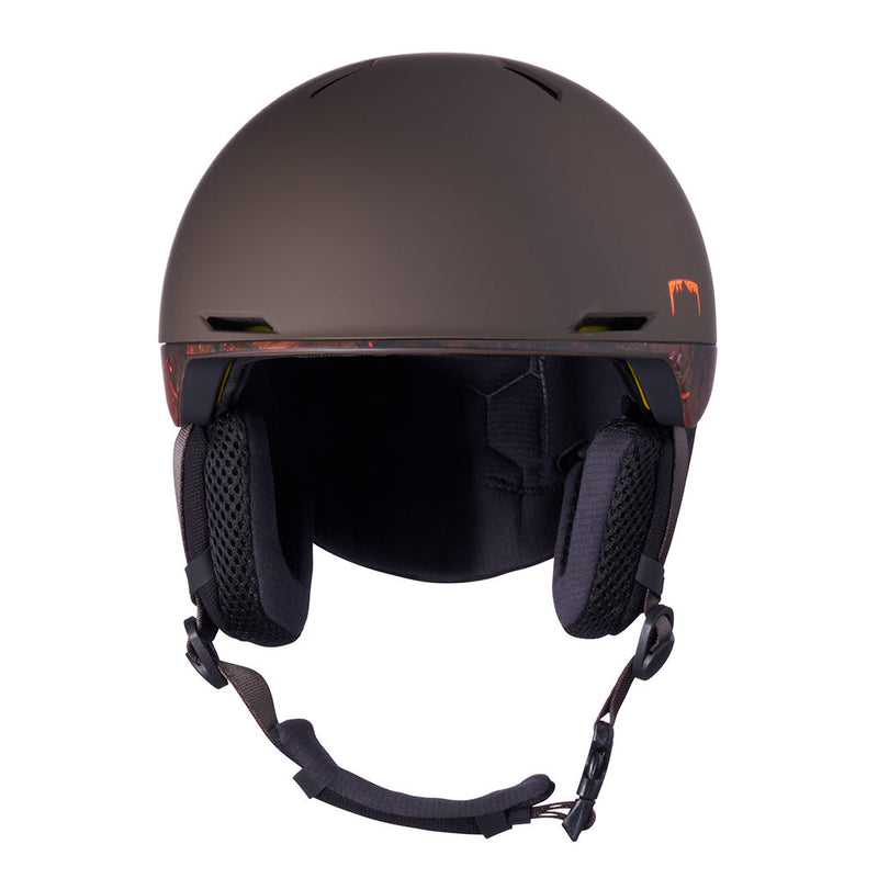  | full_frontal.JPG | A matte black ski helmet with orange accents on the side and a black interior padding, shown from the front against a white background.