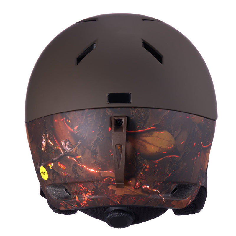  | back_view.JPG | Rear view of a ski or snowboard helmet featuring a matte dark brown top half and a fiery red, orange, and black graphic pattern on the lower half, shown on a white background.