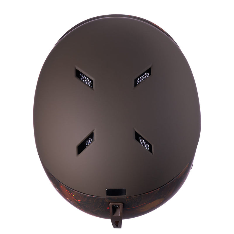  | top.JPG | A matte dark brown ski or snowboard helmet shown from the back, featuring four diamond-shaped vent cutouts and a textured patterned lower edge, isolated on a white background.