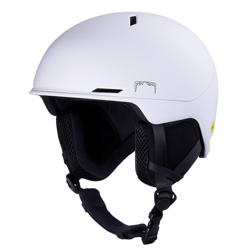 | side_view.JPG | A white ski helmet with black interior padding and straps, featuring a small black logo on the side and a tiny yellow sticker on the rear, shown against a plain white background.