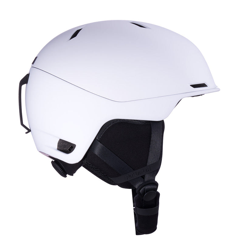 | even_more_side_view.JPG | A matte white ski helmet with black chin straps and ventilation slots, shown from a three-quarters side profile on a solid white background.