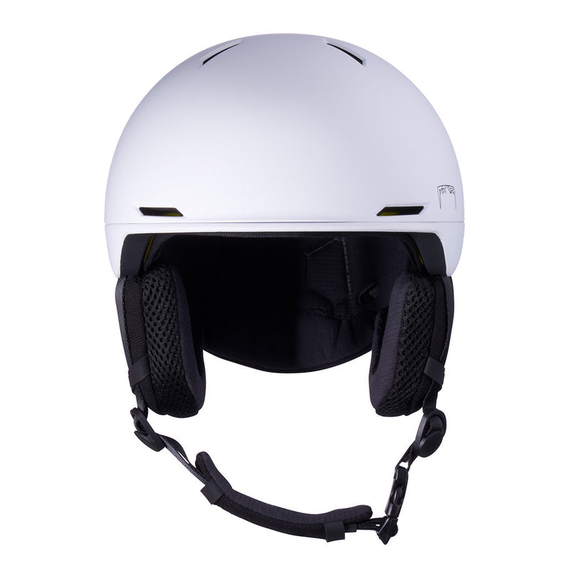 | full_frontal.JPG | A matte white ski helmet with black interior padding and ear covers, shown from the front on a solid white background.