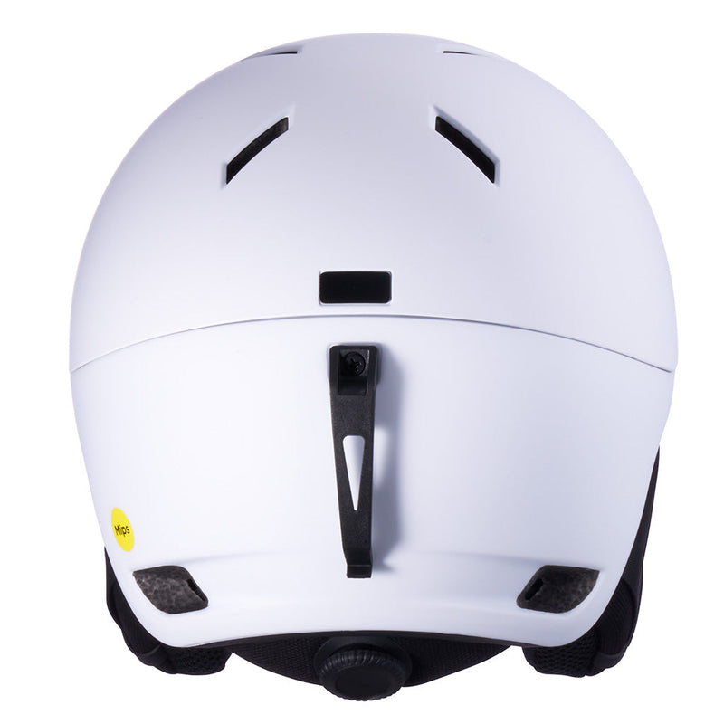 | it_the_back.JPG | The back view of a matte white ski helmet with black ventilation slots, a black chin strap, and a small yellow sticker on the lower left side, set against a plain white background.