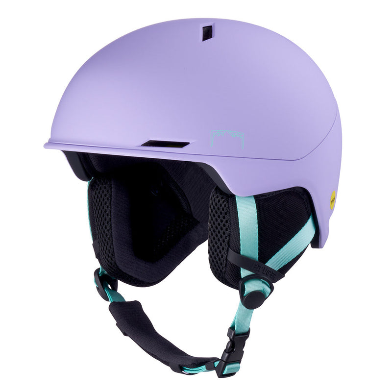 | side_view.JPG | A matte light purple ski helmet with black and mint green interior padding and straps, shown from a three-quarters angle on a white background.