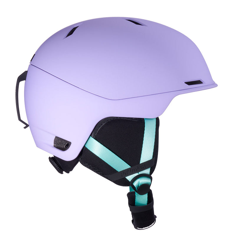| even_more_side_view.JPG | A matte light purple ski helmet with black and mint green adjustable chin straps, shown from a three-quarters angle on a white background.