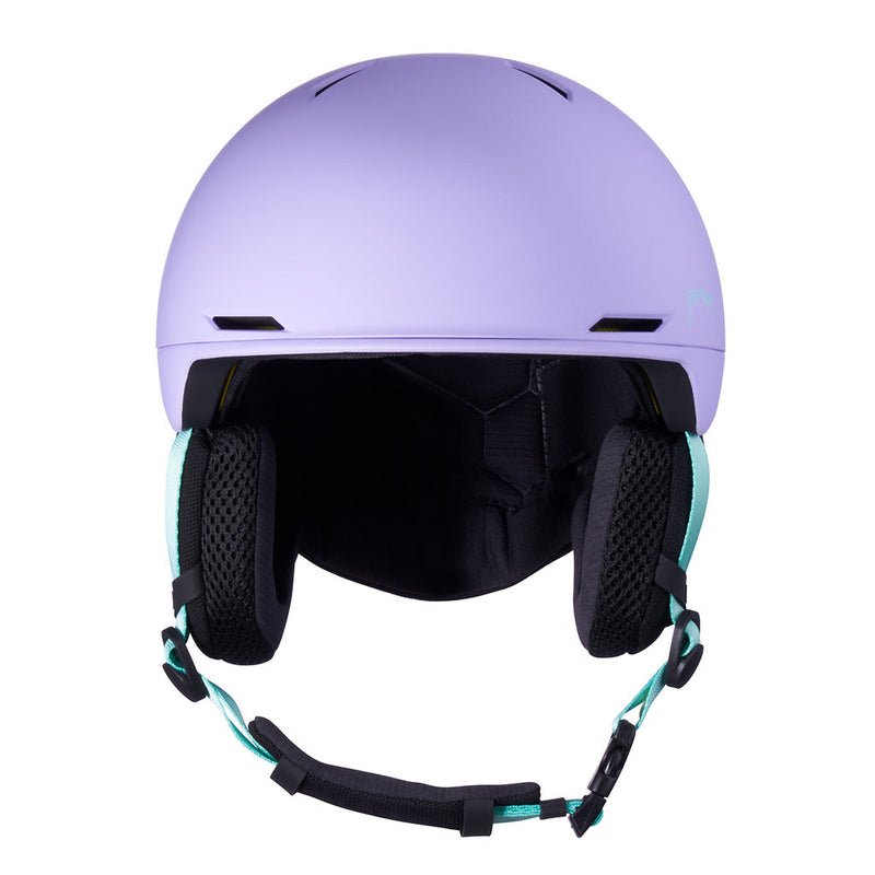 | full_frontal.JPG | A matte light purple ski helmet with black ear cushions and teal accents on the chin strap, shown from the front against a solid white background.