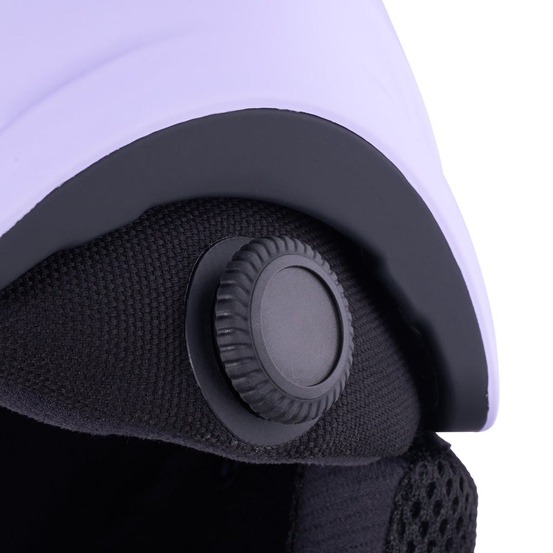 | dial_up.JPG | Close-up of a helmet's interior showing a black adjustable ventilation valve on a black mesh chin pad, with a light lavender outer shell visible at the top against a white background.