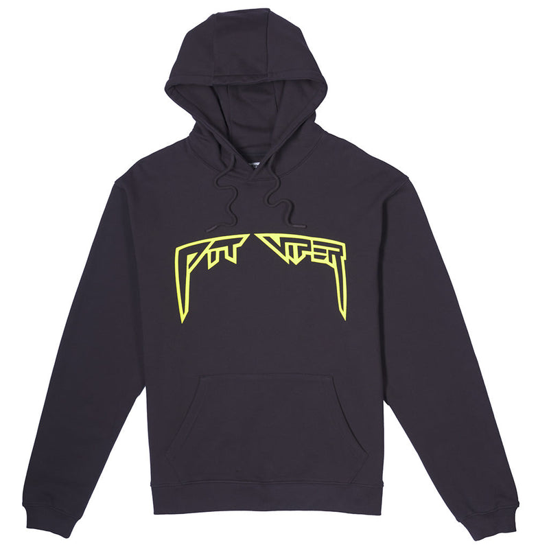 | full_frontal.JPG | A black pullover hoodie with a bright yellow stylized graphic logo printed across the chest, displayed on a clean white background.
