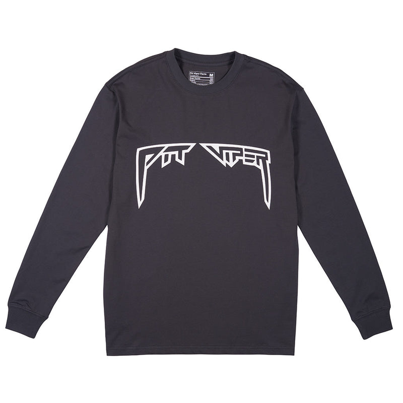 | full_frontal.JPG | A dark charcoal gray long-sleeve t-shirt with a stylized white 'PIT VIPER' graphic printed across the chest, displayed flat against a solid white background.