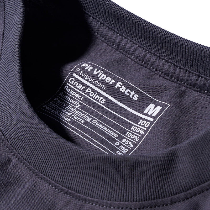 | health.JPG | Close-up of a dark charcoal gray t-shirt collar showing the inner neck label with white text that reads 'Pit Viper Facts' and a size 'M'.