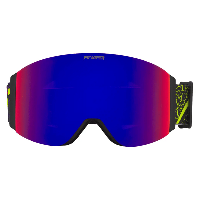 Pink Purple | flip_them_off.JPG | A pair of ski goggles with a large curved shield lens featuring a blue-to-pink gradient, black frame, and neon yellow-green accents on the strap and side.