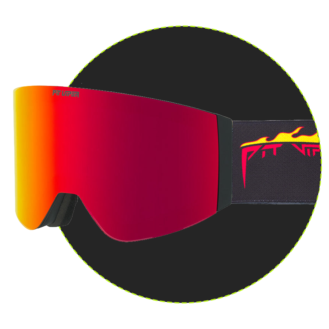 Ski goggles with a large mirrored lens showing a red-to-yellow gradient, a black strap, and a red and yellow logo on the side, set against a black circular background.