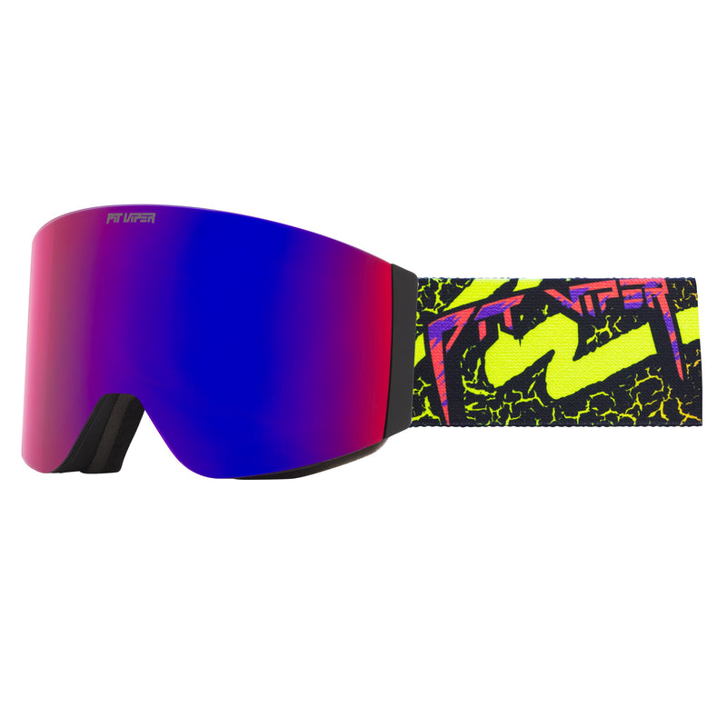 Pink Purple | side_view.JPG | Goggles with a blue-to-pink mirrored lens and a black strap featuring a vibrant neon yellow, pink, and purple graphic pattern, shown against a plain white background.