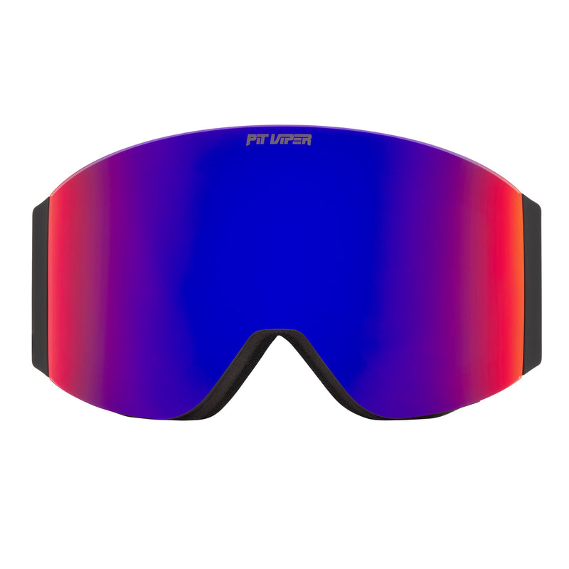 Pink Purple | full_frontal.jpg | Ski goggles with a large shield lens featuring a blue-to-purple-to-red gradient reflective finish, black frame edges, and the 'PIT VIPER' logo printed in white at the top center.