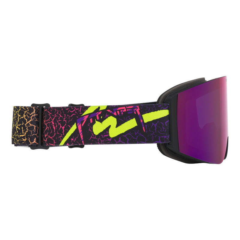 Pink Purple | even_more_side_view.JPG | Goggles with a black frame and a vibrant neon patterned strap featuring yellow, pink, and orange on a black background, paired with a purple mirrored lens.